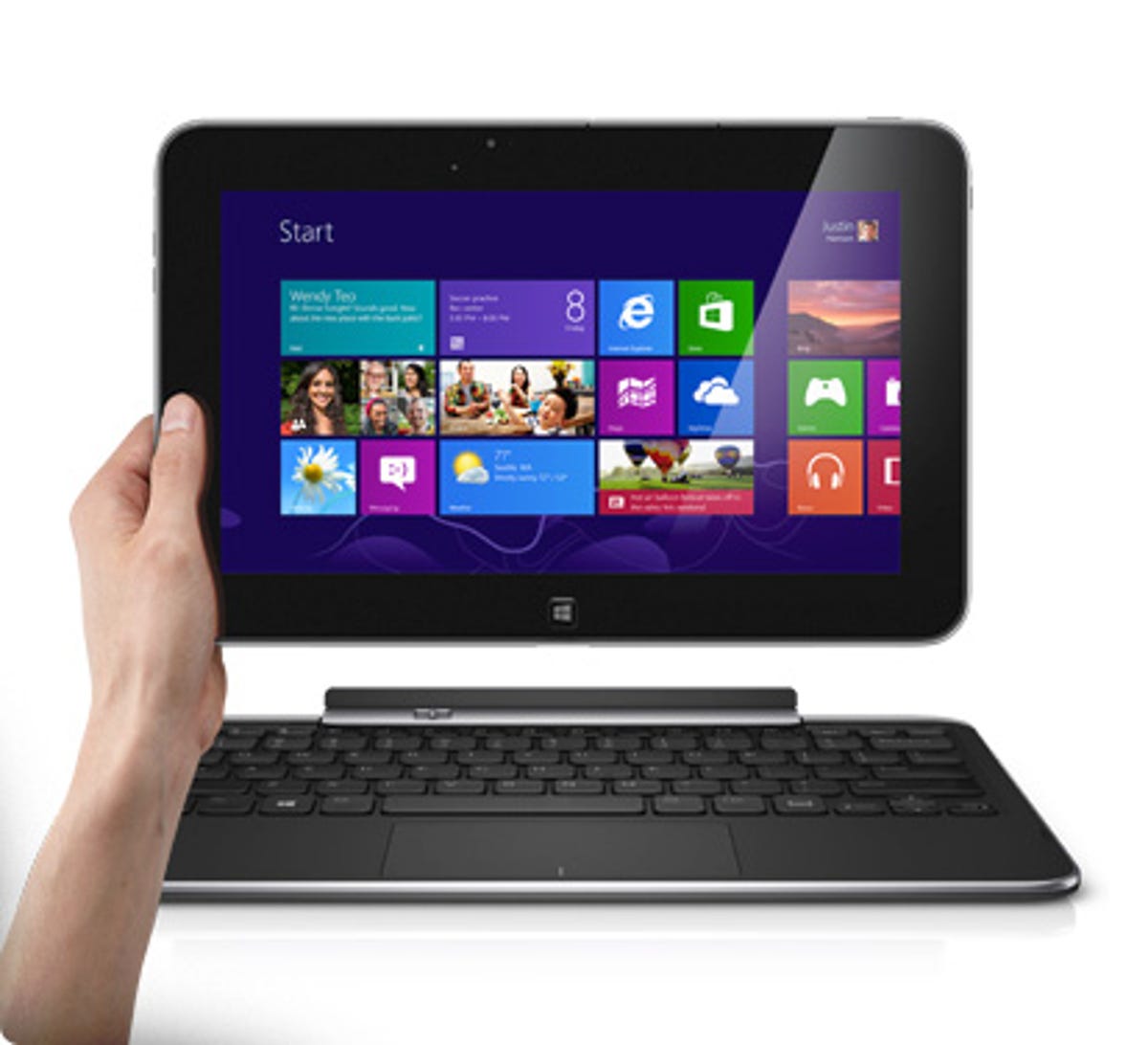 Dell's XPS 10 Windows RT tablet, shown with keyboard dock, is now $299.99, reduced from 449.99