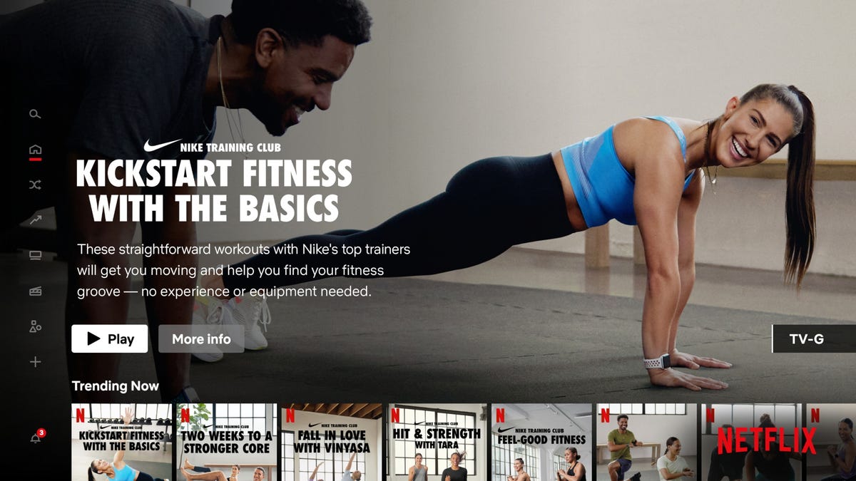 Netflix home screen with woman working out and Nike training content tiles