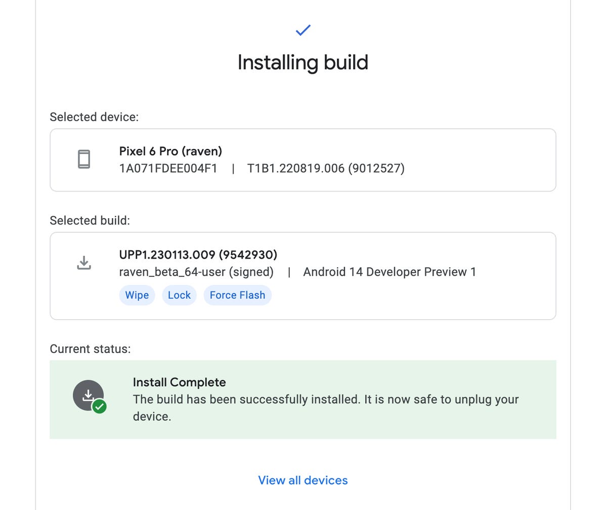 Android 14 installation process in the Android Flash Tool