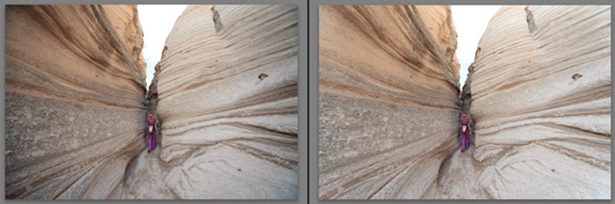 Lightroom 3 can automatically fix distortion, chromatic aberration, and vignetting for several lenses from Canon, Nikon, and Sigma. This before-and-after comparison shows in particular how the vignetting correction brightens the otherwise dark corners.