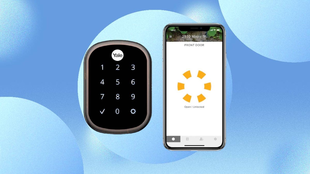 The Yale Assure Lock SL smart lock and app are displayed against a blue background.