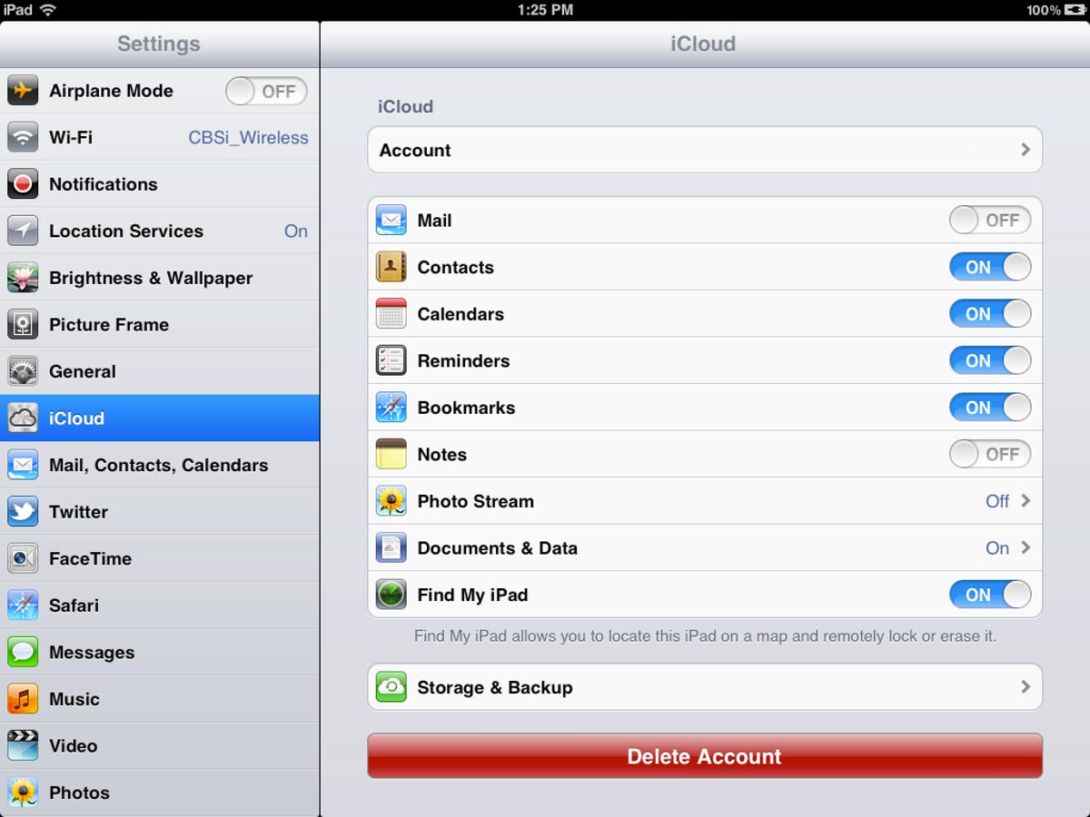 iCloud settings in iOS 5