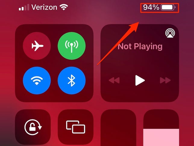 Battery percentage in the Control Center