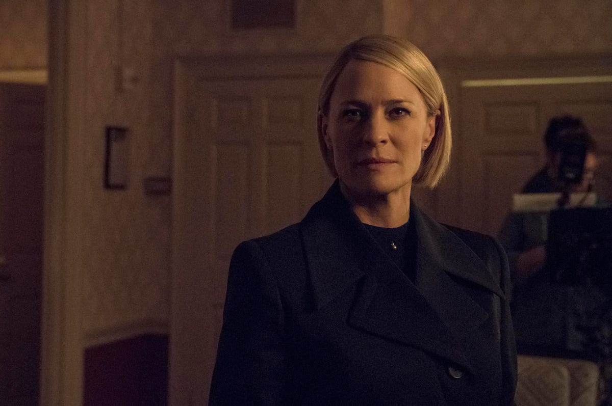Robin Wright as Claire Underwood looks steely-eyed into the camera.