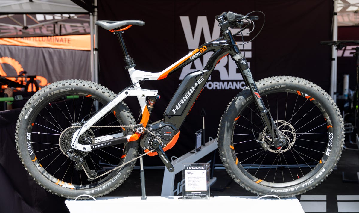 German bike maker Haibike was an early entrant into the e-mountain bike market. This full-suspension Xduro AllMtn 8.0 costs $8,000 and has a 500Wh battery and 350W motor from Bosch.