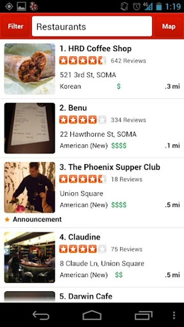 Yelp finds restaurants (and other businesses) near you and tells you at-a-glance if they're any good.