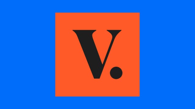 orange vestiaire collective logo on blue background