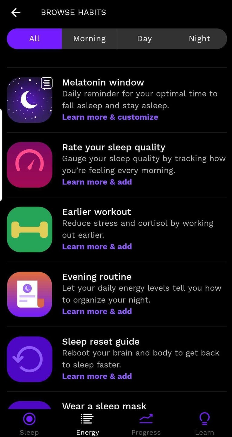 Screenshot of the habit options in the Rise sleep app.