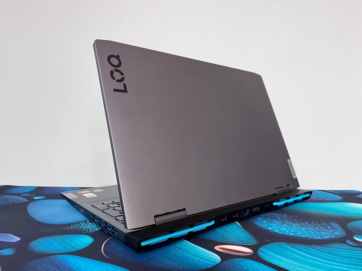 Lenovo LOQ 15 budget gaming laptop turned to show top cover