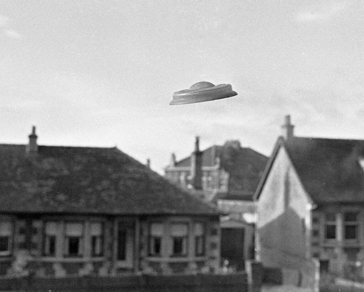 A faked UFO photo created by a small-town newspaper in 1970 to illustrate extraterrestrial visitations.
