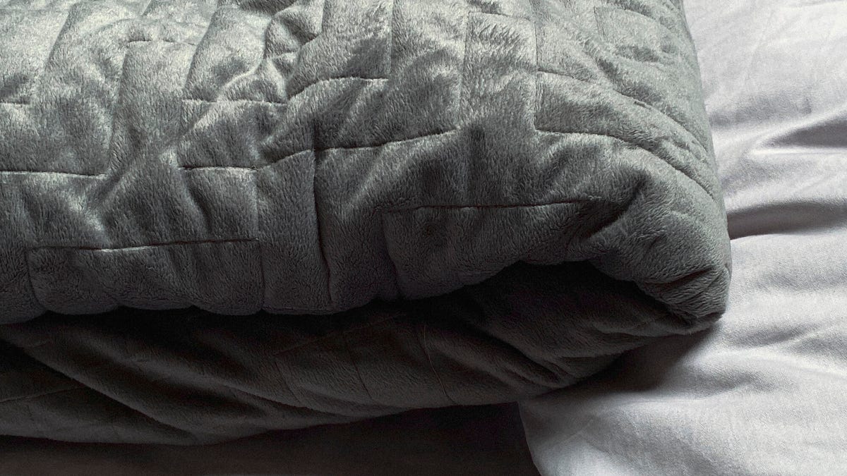 Close up of a gray weighted blanket