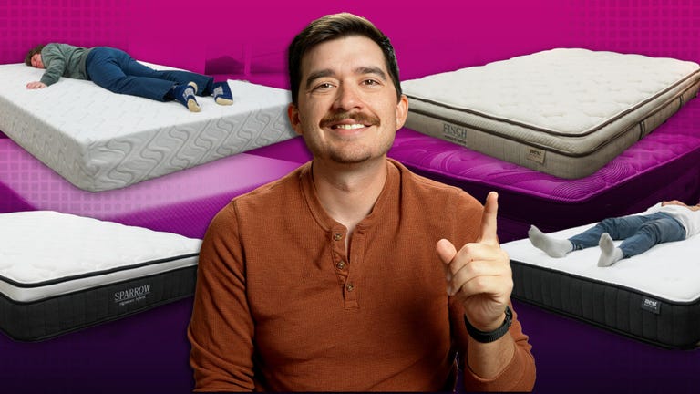 The Nest Bedding mattresses against a colorful background with a man in a shirt in the front.