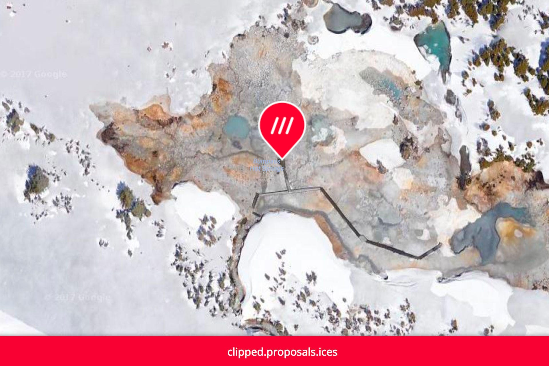 The What3words service can be used to give a precise location for difficult-to-describe spots like the hot springs viewing area at Bumpass Hell in Lassen Volcanic National Park: 