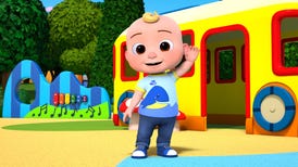 animated cocomelon child wearing jeans and tee waving a hand