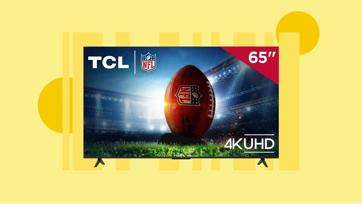 A TCL 4K Roku TV with a football and the NFL logo on the screen against a yellow background.
