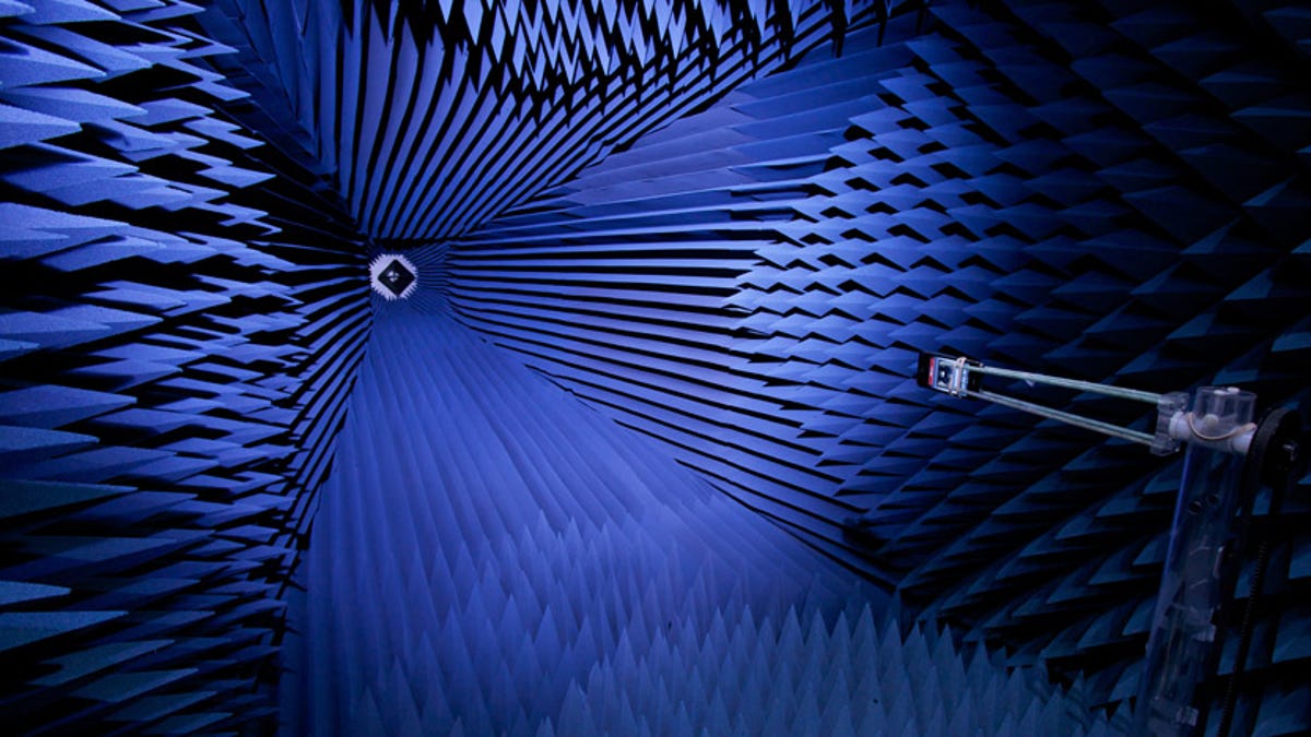 An iPhone 4 being tested inside one of Apple's anechoic chambers, a photo released during Apple's antenna press conference in 2010.