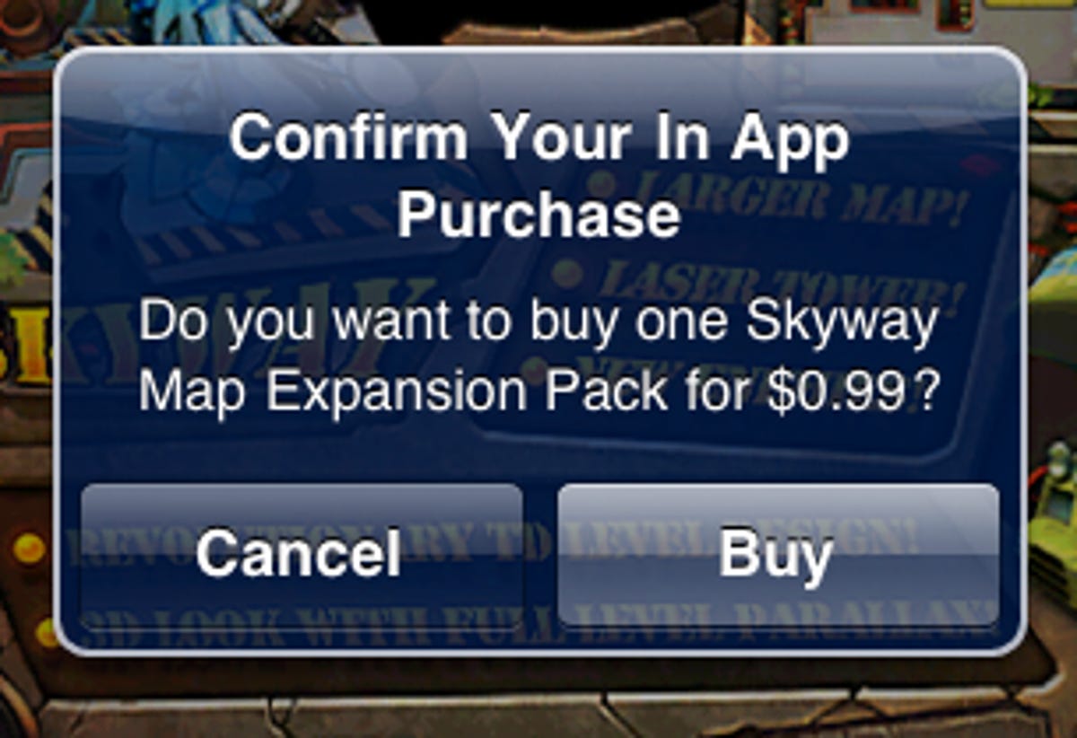The in-app purchase option within an iOS app, an inclusion that could cost developers an extra licensing fee.