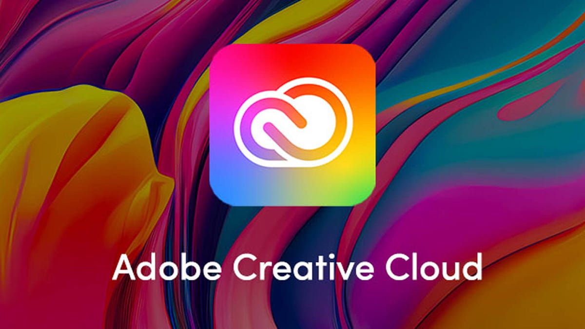 The Adobe Creative Cloud logo is displayed against a multicolored background.