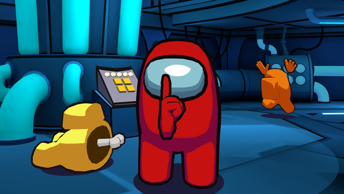 Imposter in the video game Among Us holding up a finger to its face