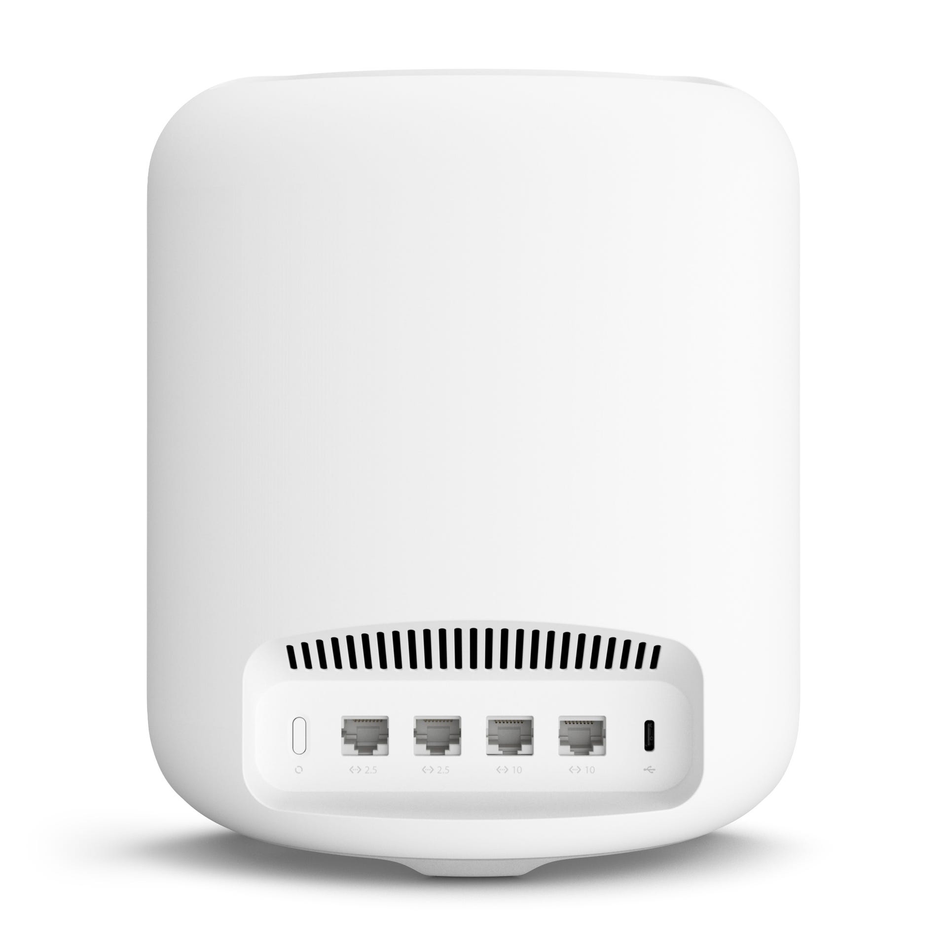 The back of the Eero Max 7 mesh router reveals four Ethernet ports, two of which support speeds as high as 10 gigabits per second.