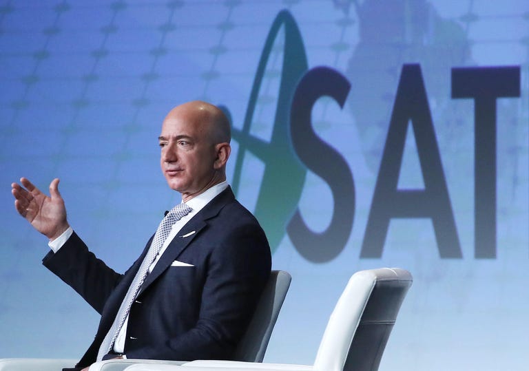 Amazon CEO And Founder Of Blue Origin Jeff Bezos Speaks At Satellite Industry Conference