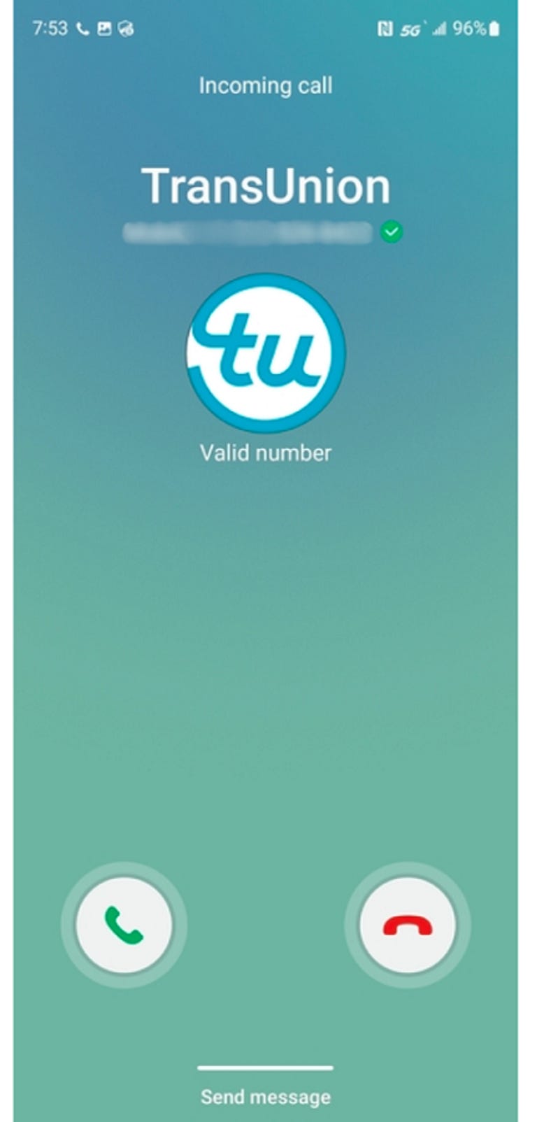 A smartphone screen with a logo for a company appearing on a call screen -- in this case, TransUnion's circular white logo with the letters 'tu' in blue.