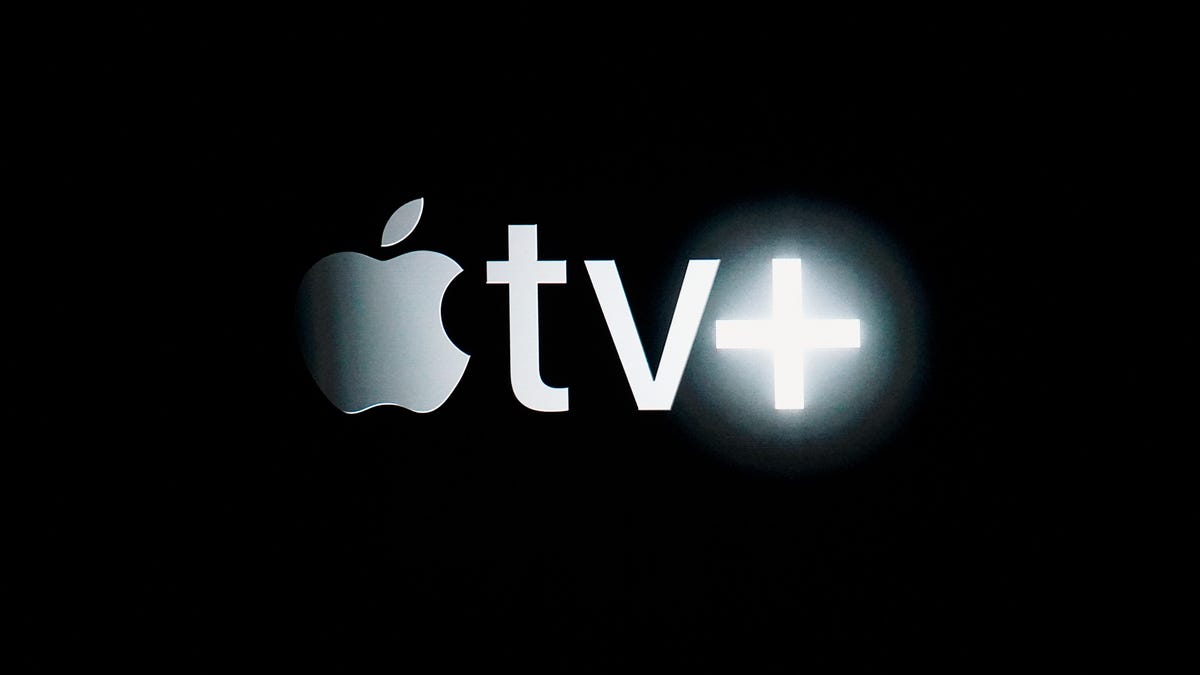Apple TV Plus logo, glowing on a black background