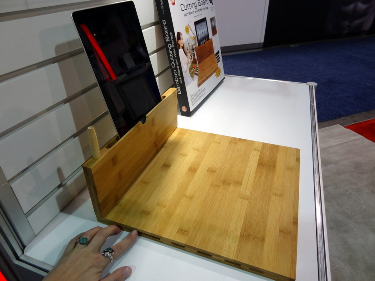 Bamboo cutting board and iPad holder