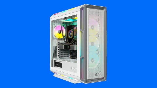 Side view of white Origin PC 5000T insides, illuminated, showing GPU, motherboard, power supply, CPU, memory and fans