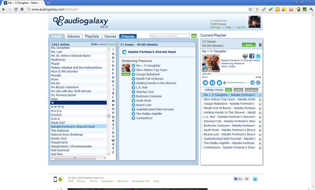 Audiogalaxy music player page.