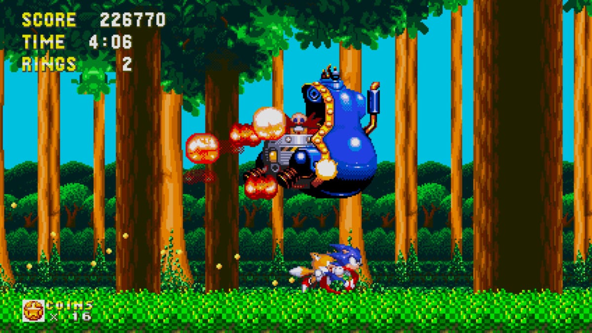 Robotnik's flying machine explodes after being defeated in Sonic 3 and Knuckles