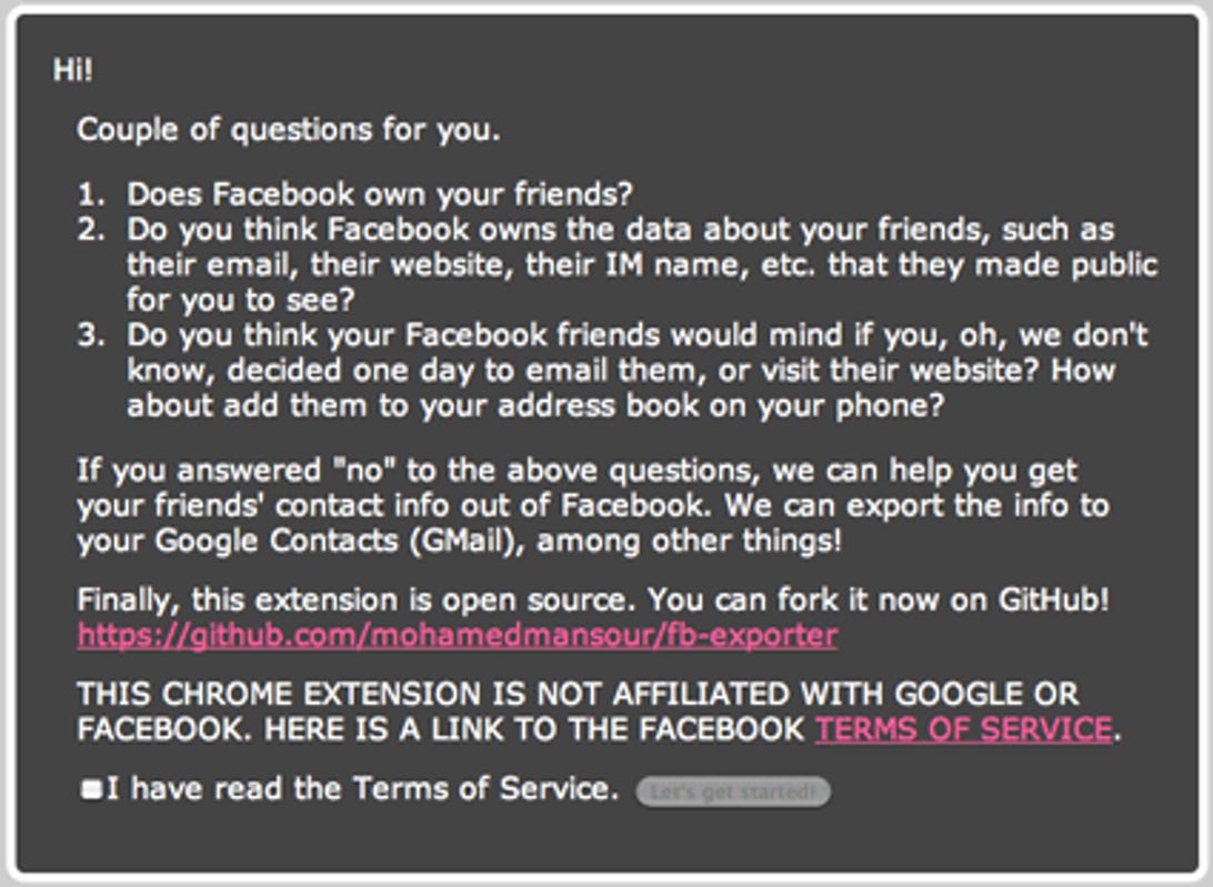 The extension cautions users even as it tries to persuade them Facebook's data-export policies are misguided.