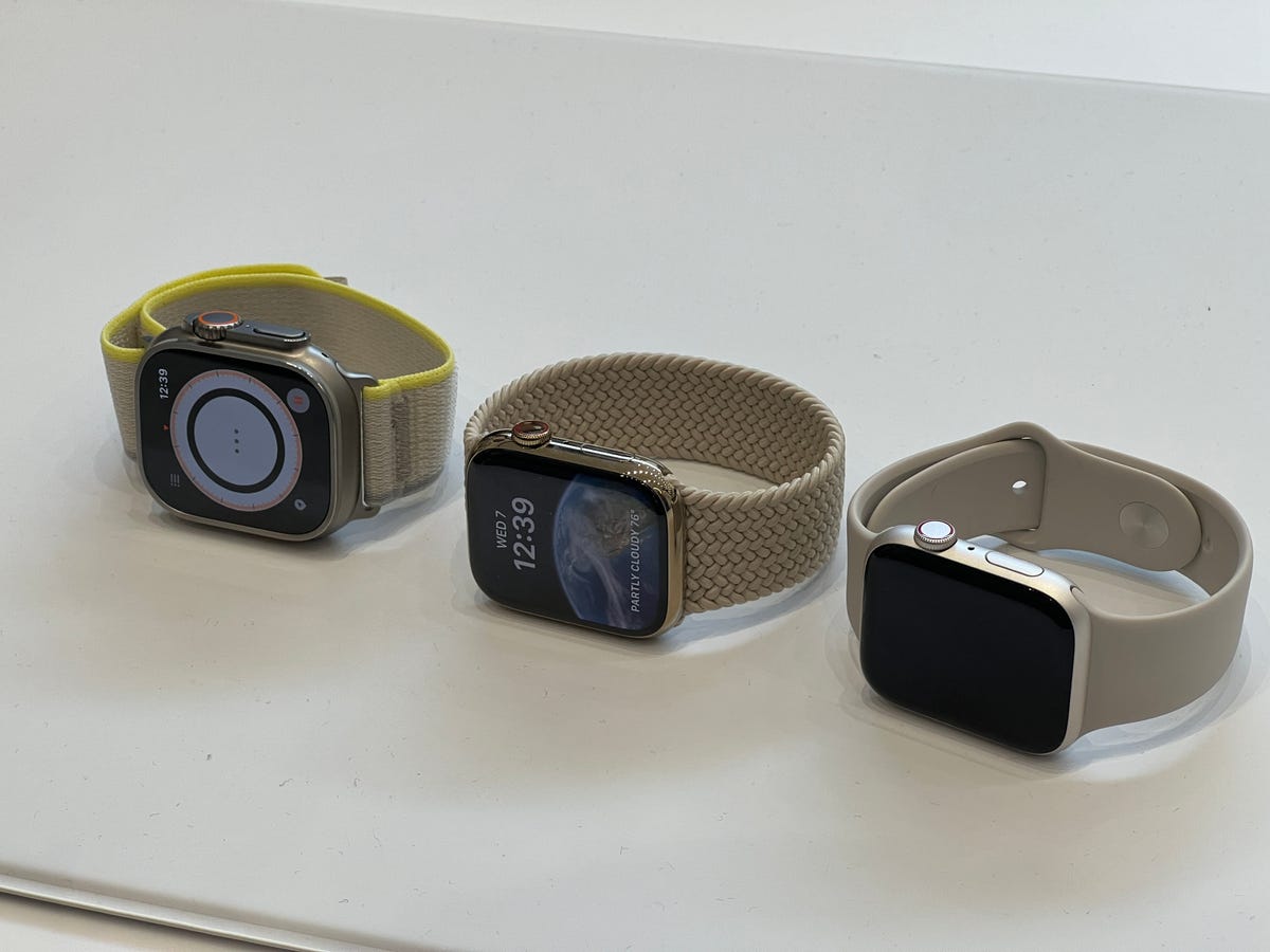 Apple Watch Ultra next to Apple Watch 8 and SE