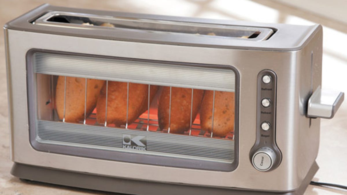 The Kalorik 2-Slice Glass Panel Long Slot Toaster features a clear viewing window that challenges the traditional design of toasters.
