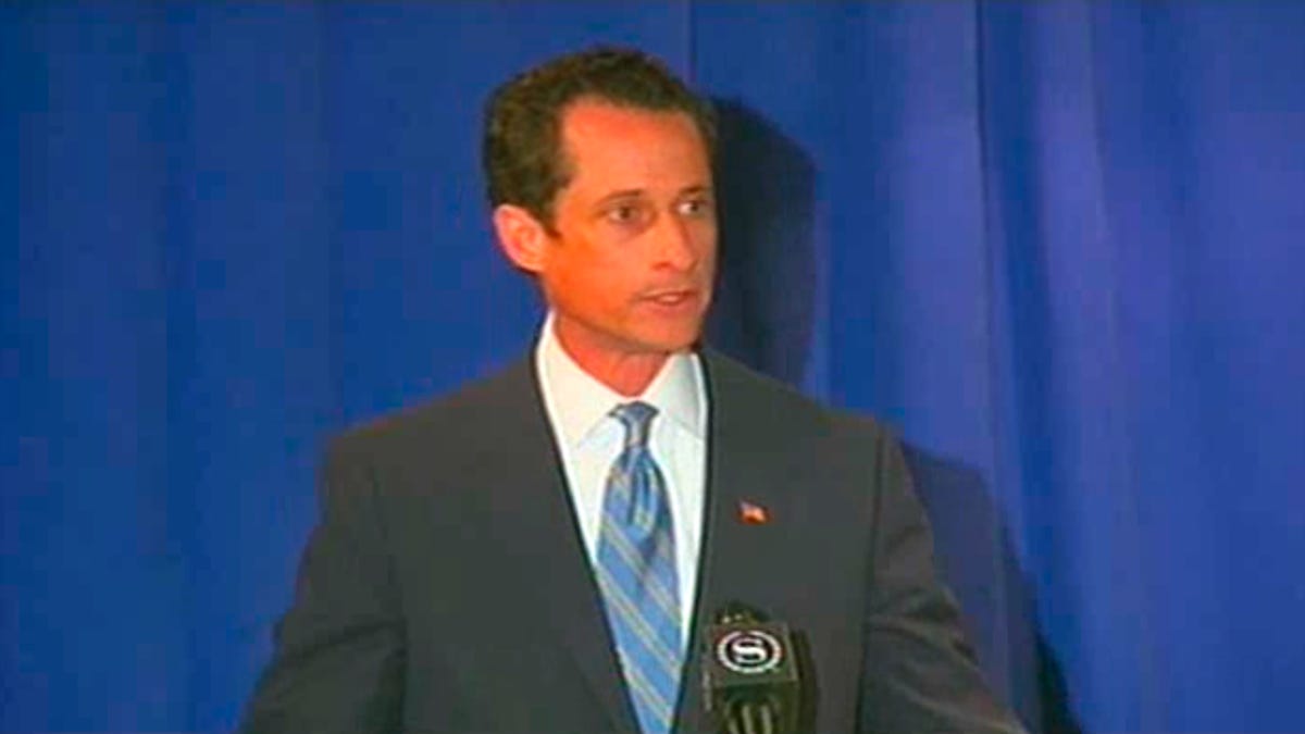 caption: Rep. Anthony Weiner admits to "terrible judgment" at New York press conference.