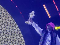 <p>Oleh Psiuk from the band Kalush Orchestra celebrates winning the Eurovision Song Contest in Turin in 2022.</p>