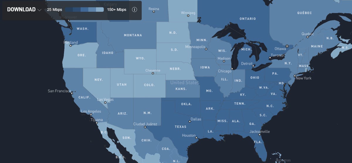 Map showing available Starlink speeds in continental US states
