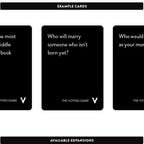 black cards with questions asked in the voting game