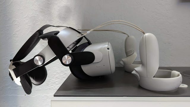 An oculus quest 2 with padded headstrap
