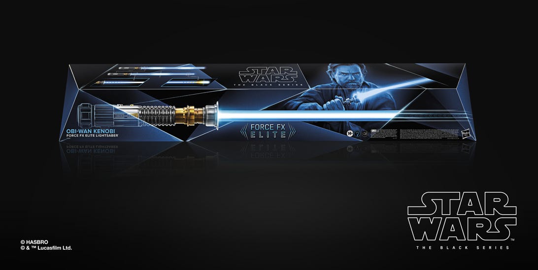 Obi-Wan Kenobi Force FX Elite lightsaber package against a black background