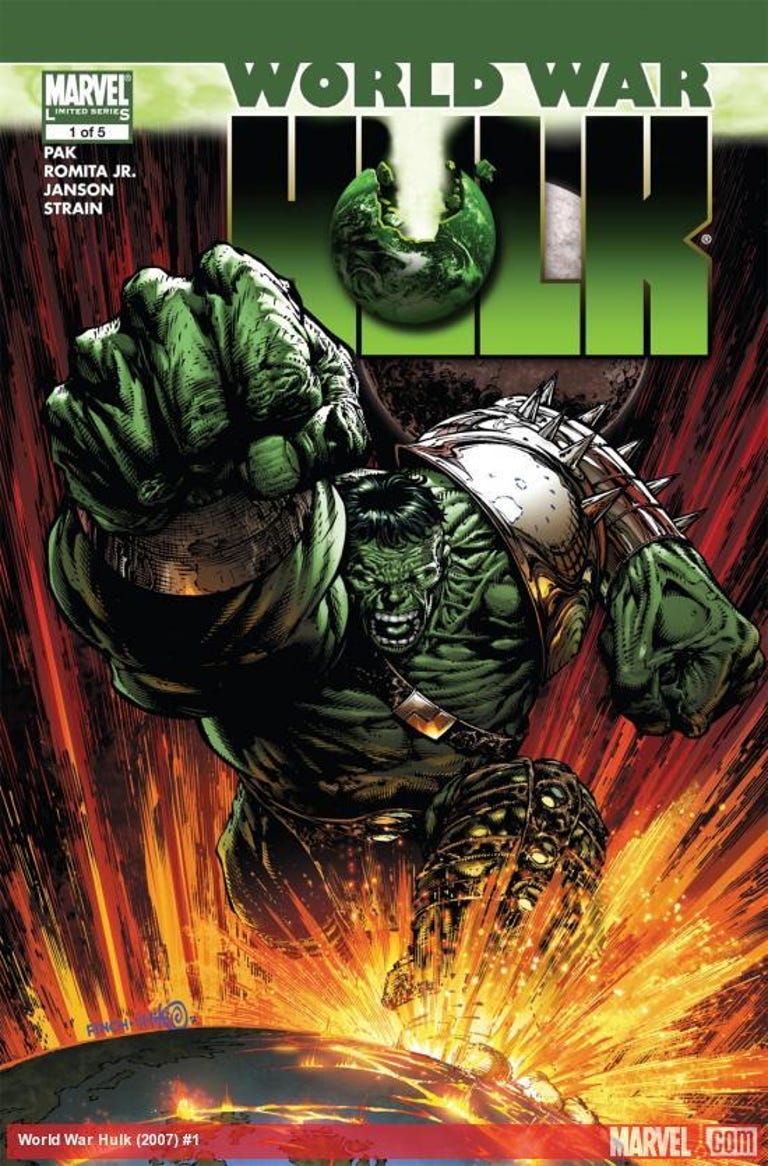 Hulk points out of the page on the cover of World War Hulk 1