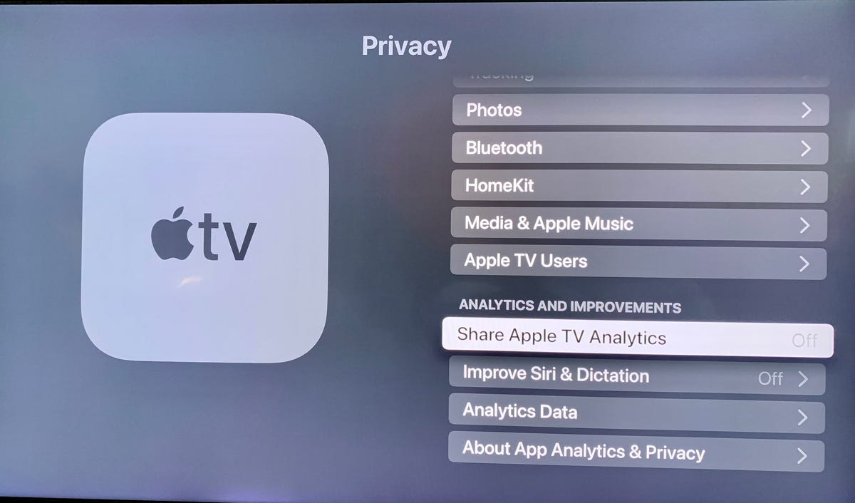 Apple TV privacy settings with Share Apple TV Analytics set to Off