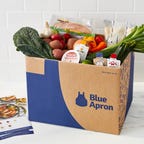 blue apron box with ingredients