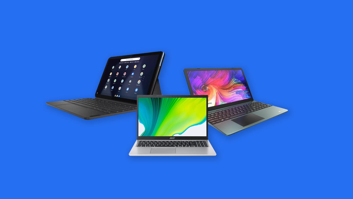 3 budget laptops on a blue background