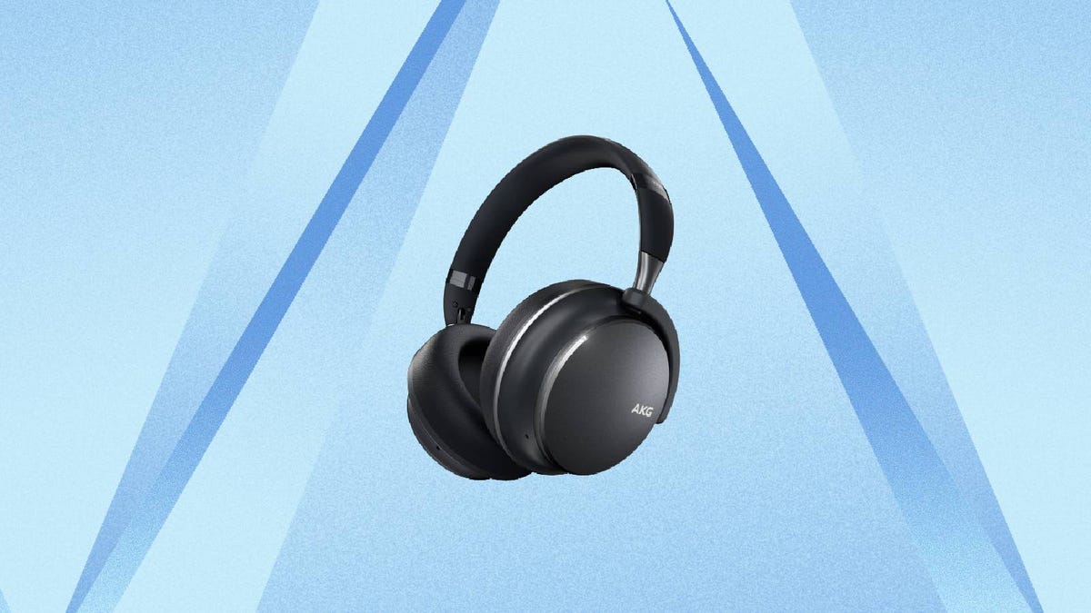 A pair of black headphones against a blue background.