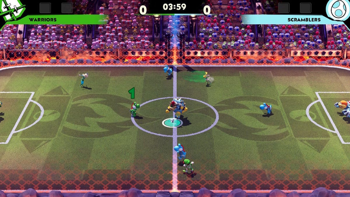 Mario characters play soccer on a large field.
