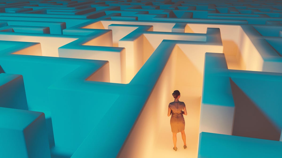 An illustration person standing in the middle of a well-lit maze