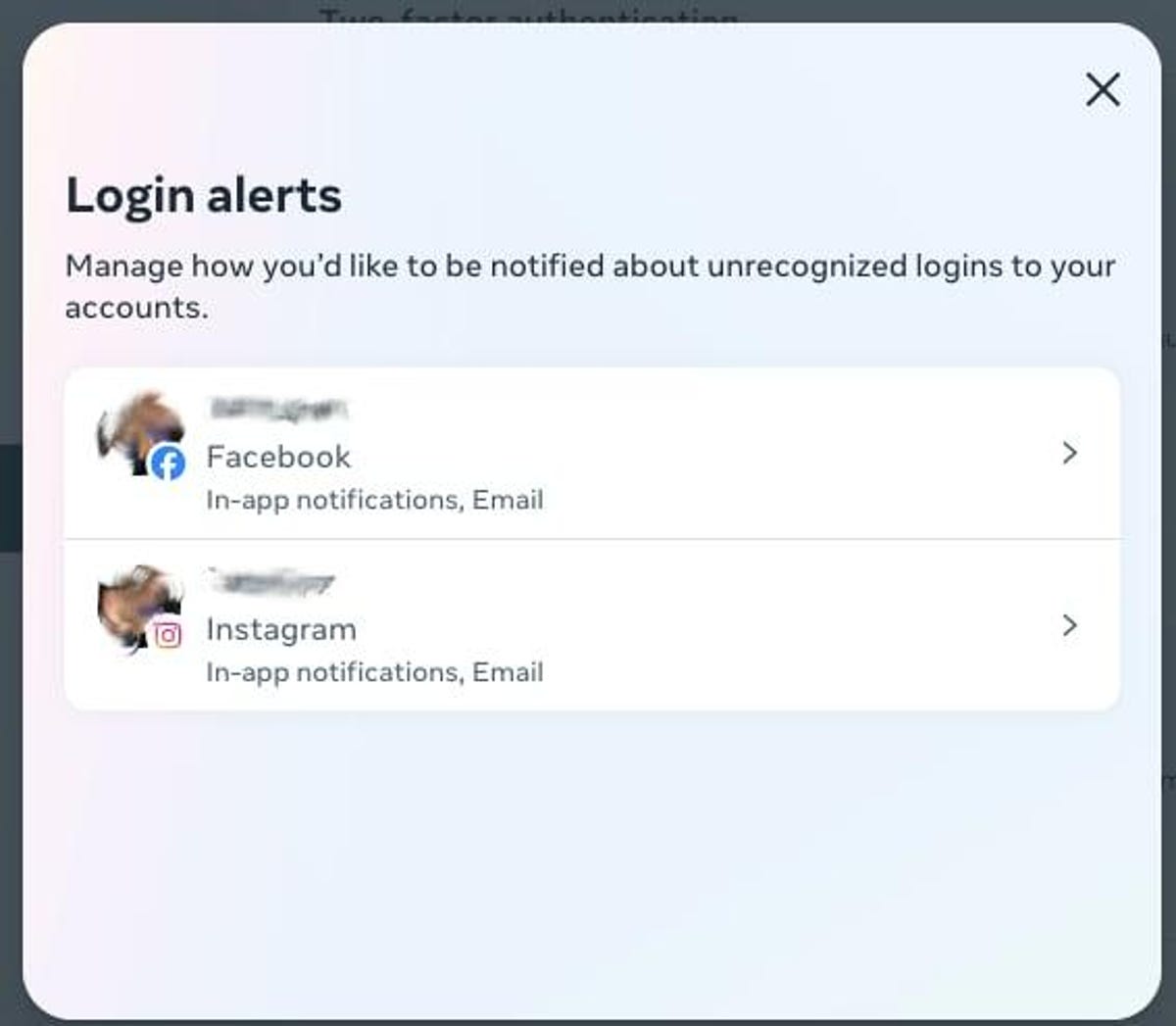 Screenshot showing Meta login alerts