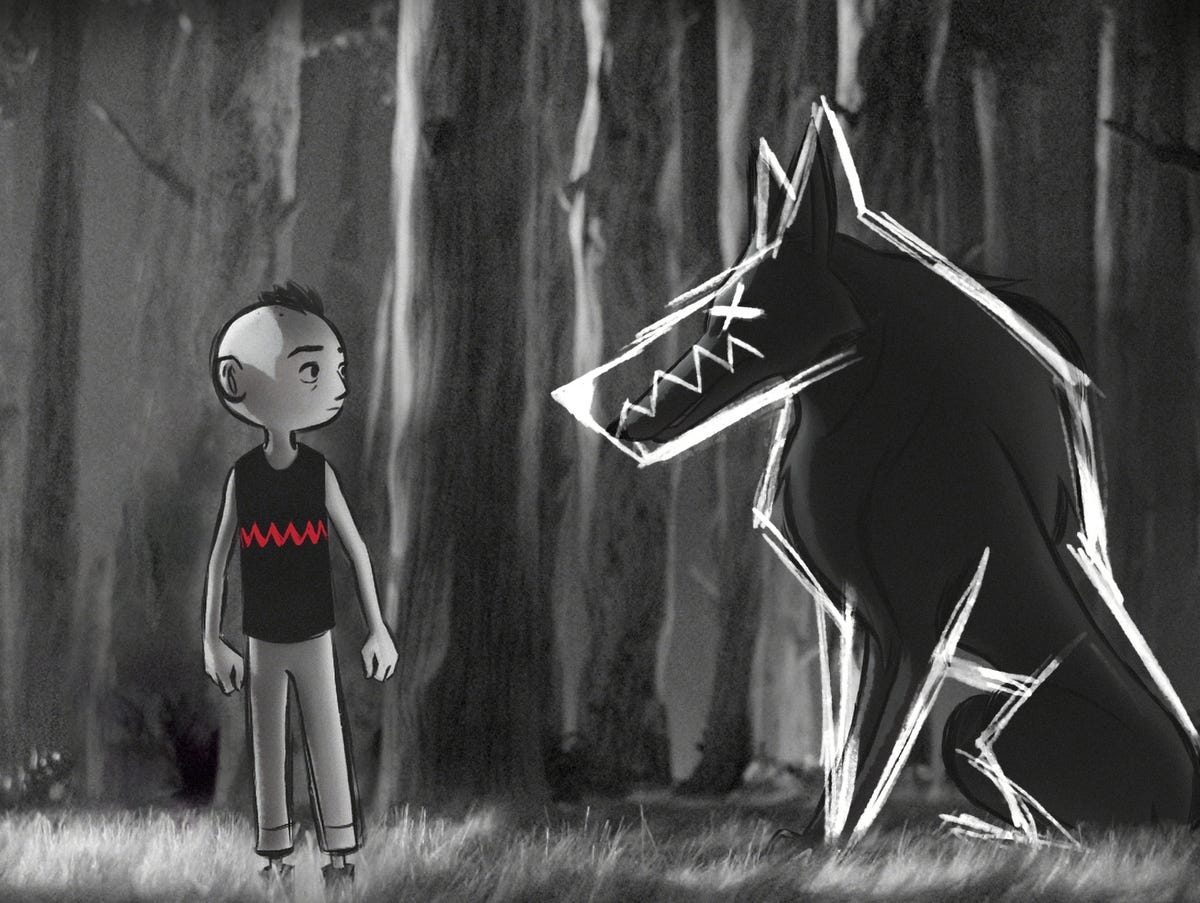 illustration of a boy facing a wolf