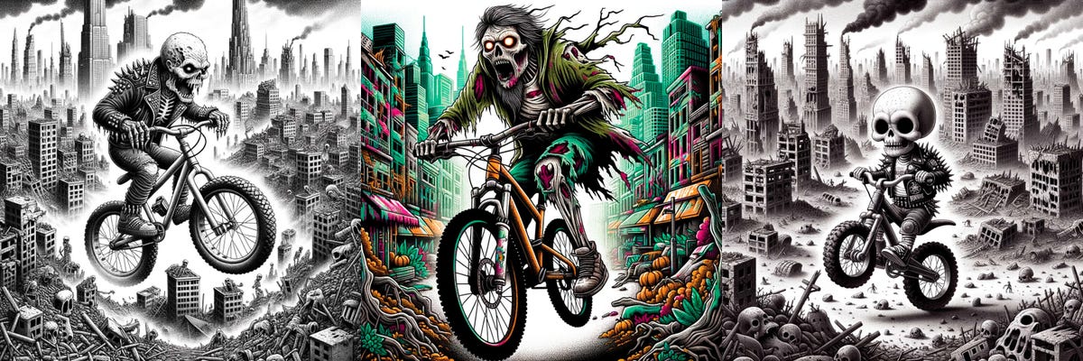 Dall-E 3 images of ghouls wearing heavy metal outfits and mountain biking through a post-apocalyptic urban landscape. Some of the images are convincing, but details like pedals and gears show problems.